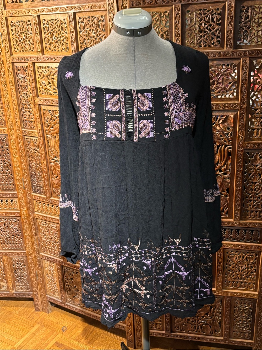 Free People Black Tunic with Lavender Embroidery